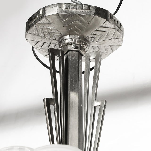Pair of Art Deco Hexagonal Frosted Glass & Nickeled Bronze Chandeliers by Degue For Sale In New York - Image 6 of 18