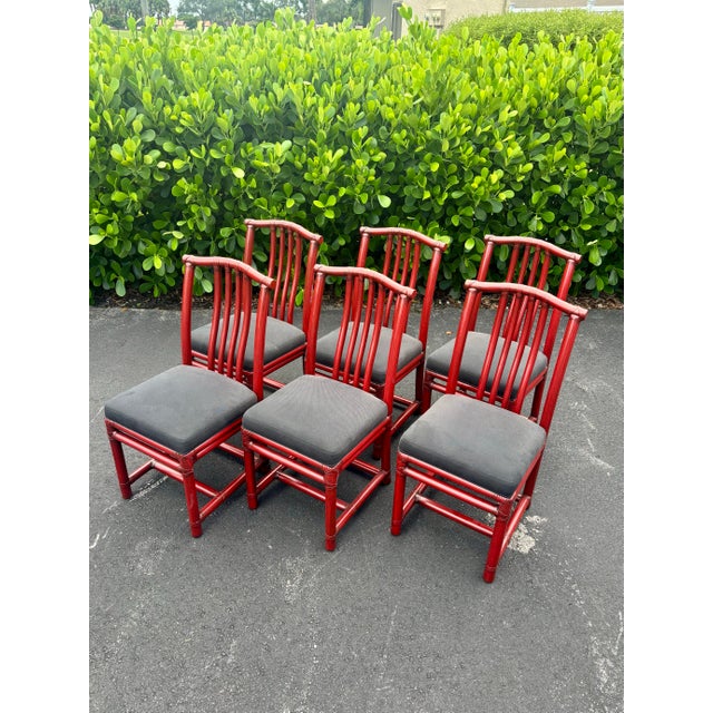 Vintage McGuire Red Rattan Chinese Officials Hat Dining Chairs, Set of 6 For Sale In Miami - Image 6 of 9