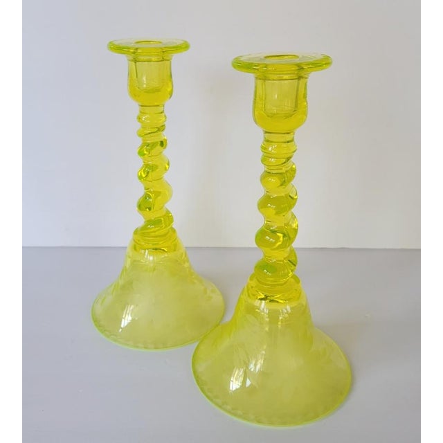 Antique Tiffin Vaseline Elegant Glass Candle Holders Candlesticks a