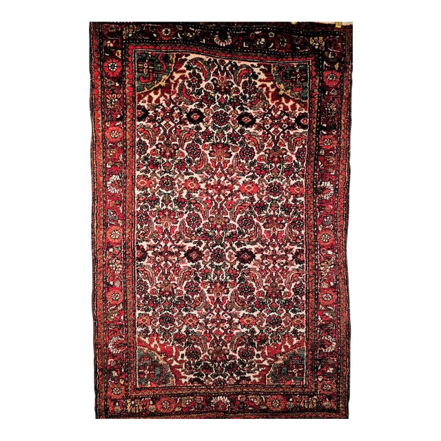 Vintage Persian Malayer Area Rug, Hand-Knotted Wool, Geometric Pattern, 3x5, Ivory & Red For Sale