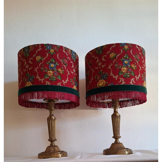 German Table Lamps with Ornate Brass Base and Red Patterned Fabric Shade from Lamplove, 1890s, Set of 2 For Sale - Image 6 of 9