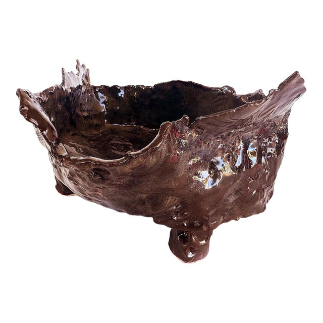 Signed Vintage Brutalist Ceramic Studio Pottery Footed Bowl Catchall For Sale