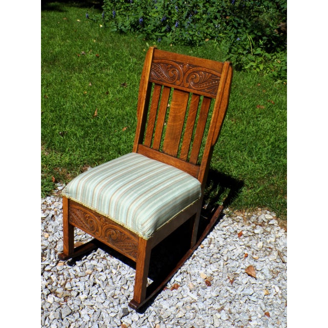 Antique Arts & Crafts Art Nouveau Mission Solid Oak Rocker Rocking Chair For Sale - Image 16 of 17