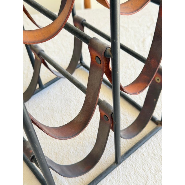 Arthur Umanoff Vintage Arthur Umanoff Mid Century Modern Iron & Leather Wine Rack – 6 Bottle Vintage Bar Storage, Industrial Brutalist Decor For Sale - Image 4 of 9