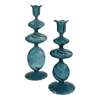 Blue Swirl Glass Candlestick, Medium, Set of 2 For Sale
