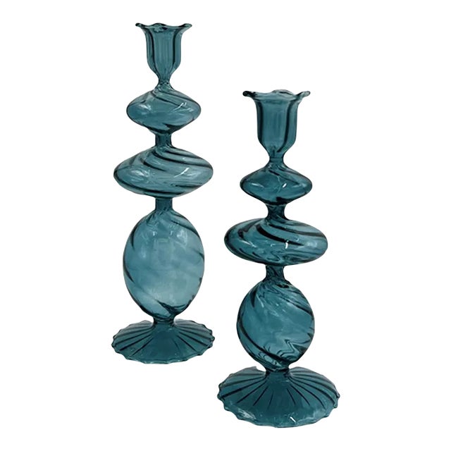 Blue Swirl Glass Candlestick, Medium, Set of 2 For Sale