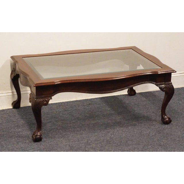 Chippendale Drexel Furniture Solid Mahogany Traditional Chippendale Style Ball & Claw 44" Accent Coffee Table W. Glass Top For Sale - Image 3 of 7