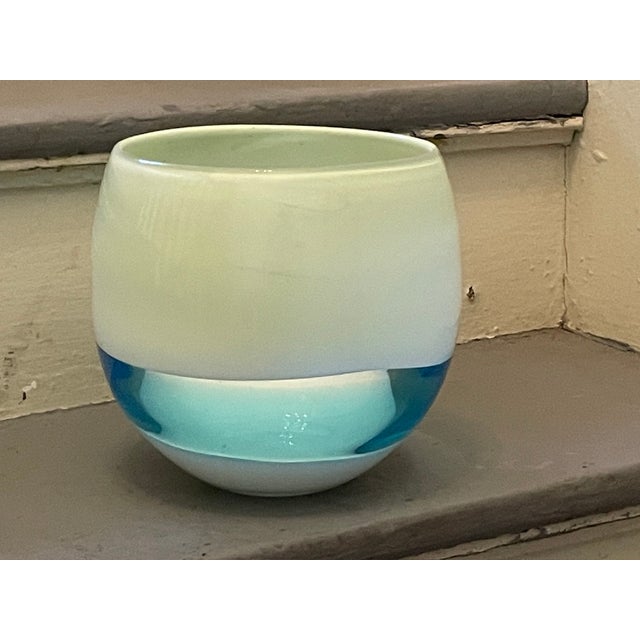 Mid-Century Modern Vintage Murano Cased Glass Bowl – Turquoise & Milk White Incamiciato – Italian Art Glass For Sale - Image 3 of 8