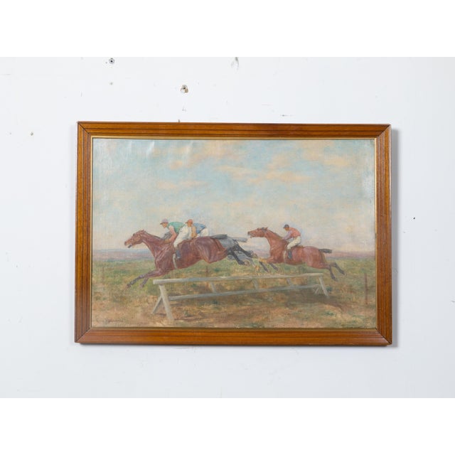 Oil on canvas horizontal painting by painter Lewis John Shonborn (1852-1931) depicting horses clearing the hurdle. This...
