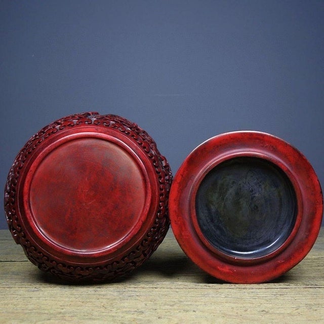 Paint 1980s Cinnabar Lacquer Carved Go Chess Bowl / Jar With Peony Motif For Sale - Image 7 of 7