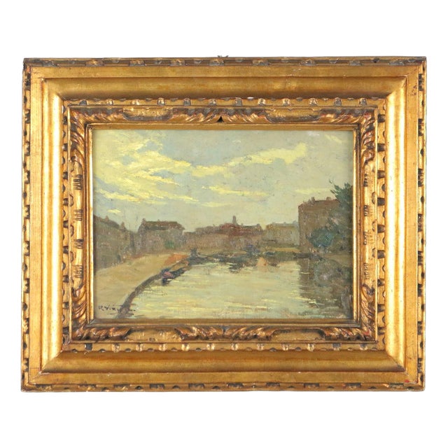 Riccardo Viriglio, Darsena di San Marco, Oil Painting on Cardboard For Sale