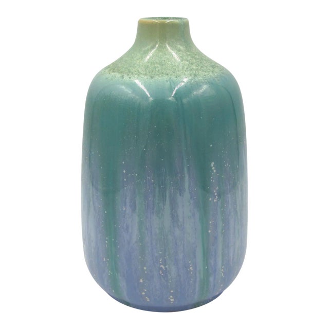 Vintage Mid 20th Century Crackle Drip Ceramic Vessel Vase Turquoise Teal Blue Lilac Purple Citrine Lime Green For Sale
