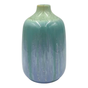 Vintage Mid 20th Century Crackle Drip Ceramic Vessel Vase Turquoise Teal Blue Lilac Purple Citrine Lime Green