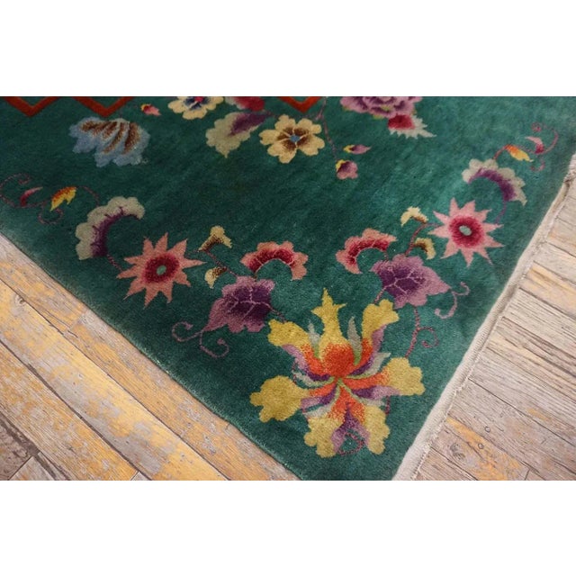 Green 1920s Green Flowers Modern Antique Chinese Art Deco Carpet 8'9" X 11'6" Knotted Pile Wool Rug For Sale - Image 8 of 9