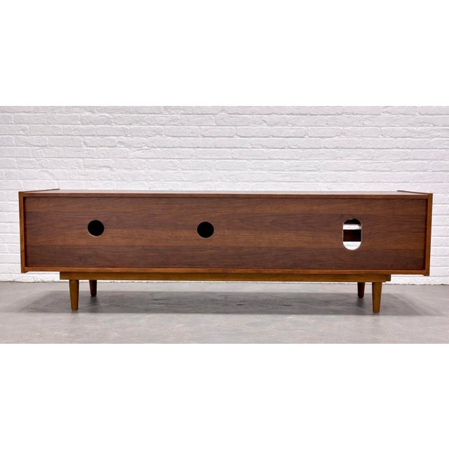 Modern Walnut Credenza / Media Console | Minimalist Sliding Door Sideboard For Sale - Image 11 of 11