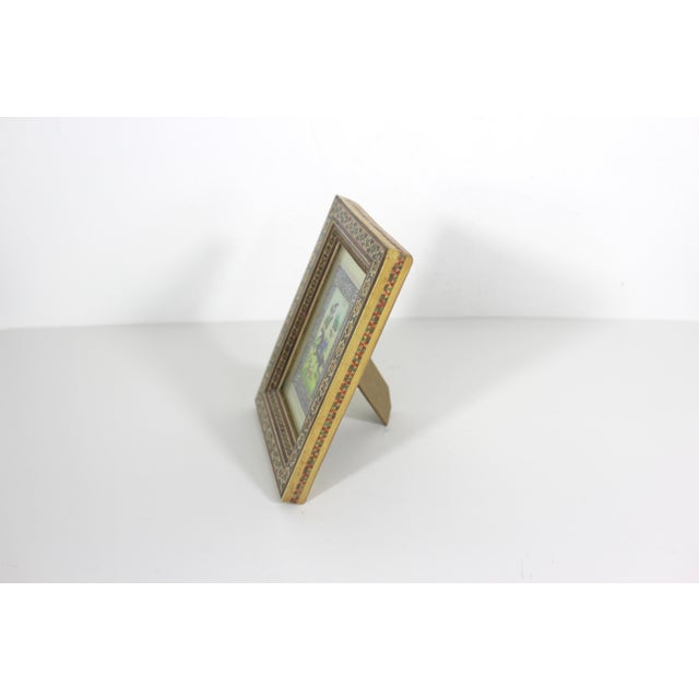 Miniature hunting scene original painting in an absolutely stunning Persian Khatam picture frame with an easel back....