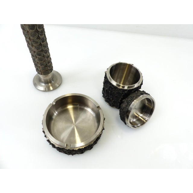 Brutalist Metal Ashtray with Cigarette Box and Vase from BMF, Germany, 1970s, Set of 3 For Sale - Image 4 of 6