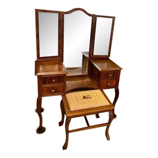 Antique Circa 1920's Queen Ann Style Vanity With Triptych Mirror and Bench For Sale