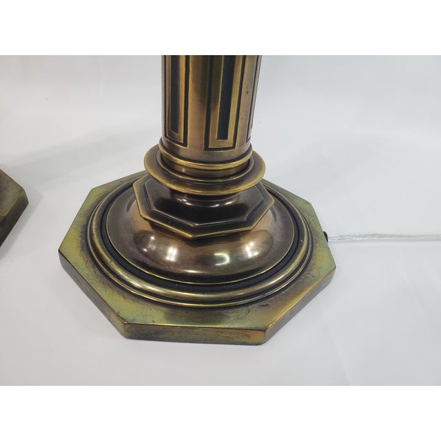 Vintage Stiffel Torchiere Table Lamps Brass Wood - Rare Neoclassical Design - a Pair For Sale - Image 11 of 13