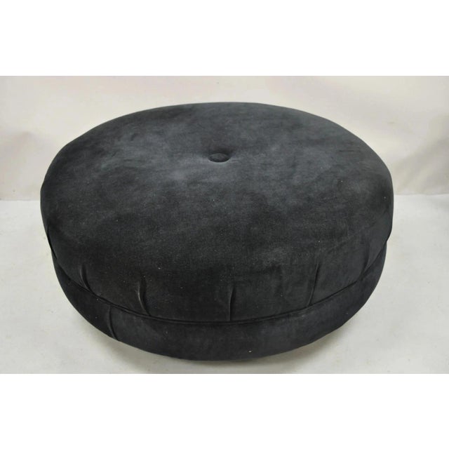 Contemporary Modern Black Button Tufted 38" Round Ottoman w/ Silver Bun Feet by Carter. Circa Late 20th Century....