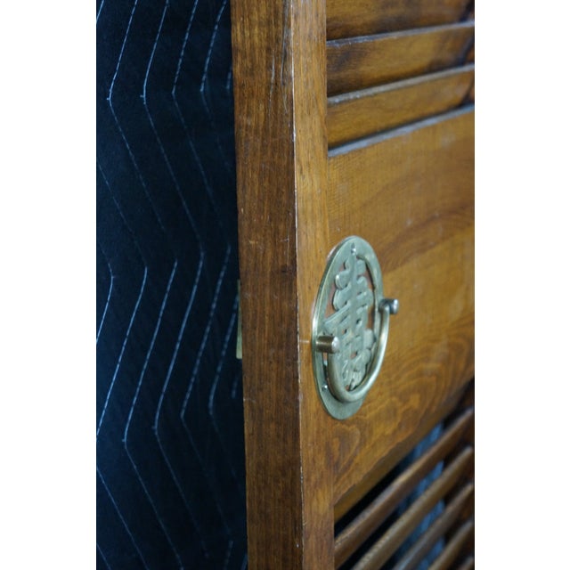 Pair Mid-Century Chinoiserie Elm Louvered Double Bi Fold Doors Brass Shou Pulls For Sale - Image 10 of 18