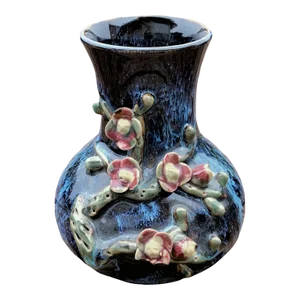 Vintage Blue Drip & Floral Chinese Pottery Vase