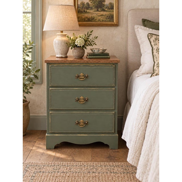 Farmhouse Vintage English Country Sagewood Three-Drawer Nightstand With Gilt Detailing For Sale - Image 3 of 4