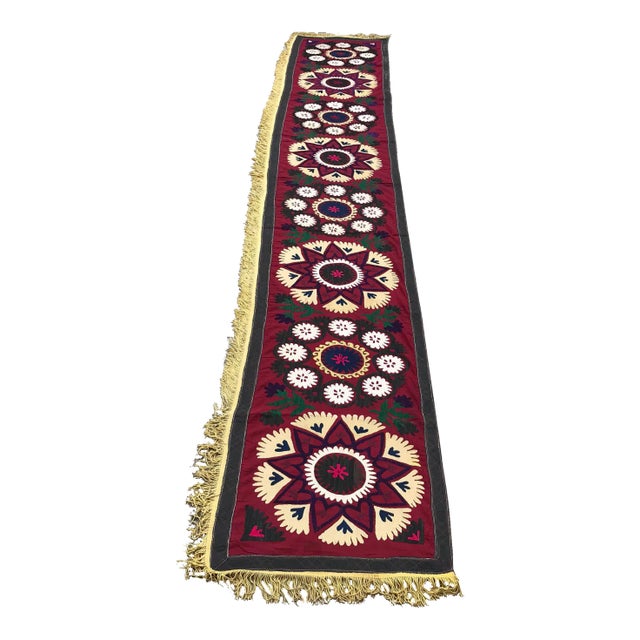 Vintage Suzani Table Runner With Yellow Tassel - 11'9" x 1'9" For Sale