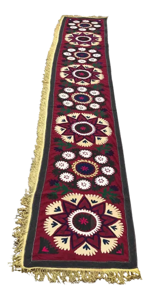 Vintage Suzani Table Runner With Yellow Tassel - 11'9" x 1'9"