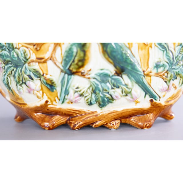 Ceramic Antique Onnaing Majolica Love Birds Parakeets Jardiniere Cachepot, Circa 1880 For Sale - Image 7 of 12