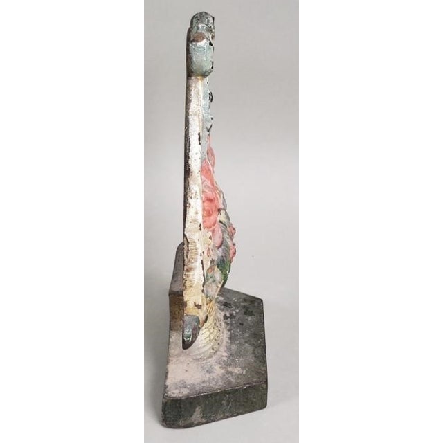 Shabby Chic Vintage Painted Cast Iron Floral Basket Doorstop With Bow For Sale - Image 3 of 4