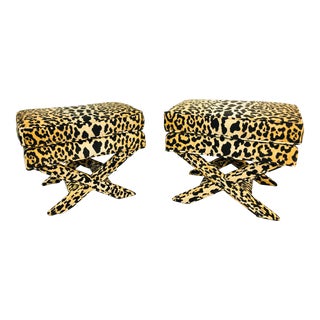 Vintage Billy Baldwin Style Pair of Leopard X Base Benches Ottomans Footstools For Sale