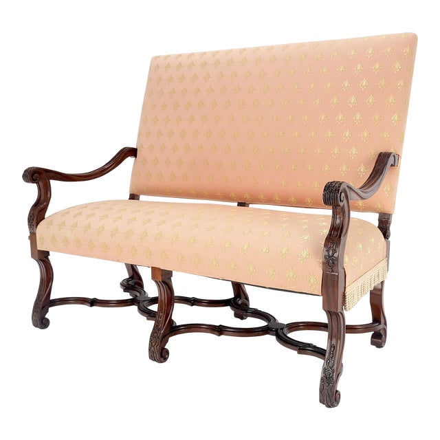 French Regency Carved Mahogany X Shape Stretcher Upholstered Loveseat Near For Sale