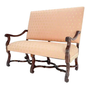 French Regency Carved Mahogany X Shape Stretcher Upholstered Loveseat Near
