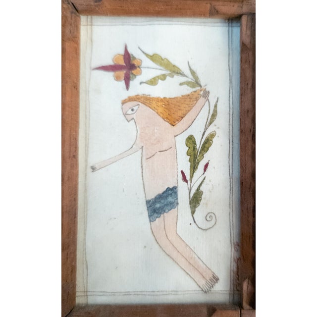 Early 20th Century Folk Art Tramp Art Double Picture Frame With Watercolors For Sale - Image 11 of 15