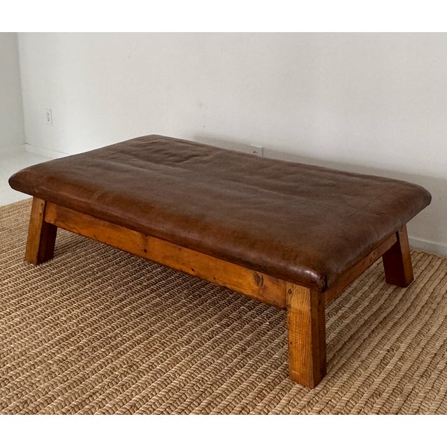 Rustic European Oversized Vintage Leather and Wood Gym Bench For Sale - Image 3 of 18