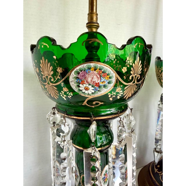 Victorian Antique Emerald Green Glass Luster Table Lamps With Crystal Prisms - a Pair For Sale - Image 3 of 12
