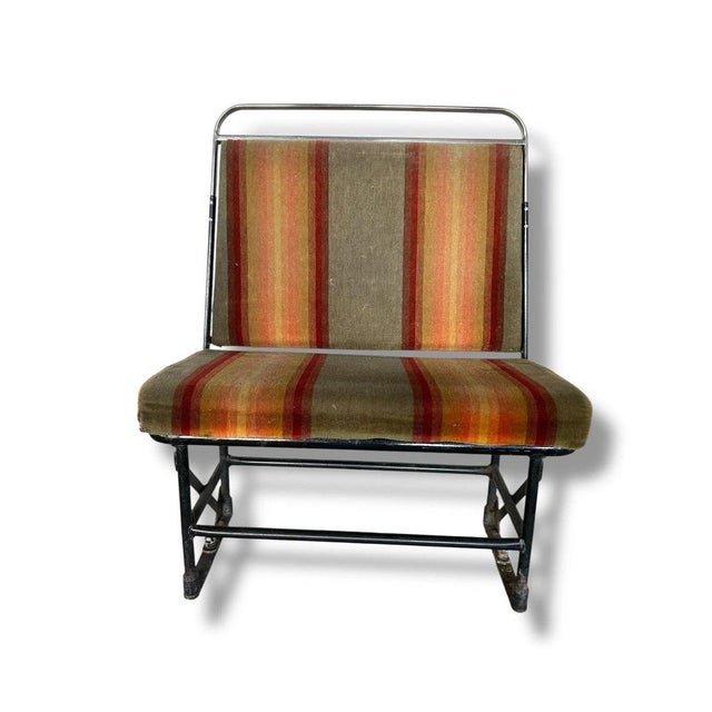 Vintage Industrial Bench with Striped Upholstery For Sale - Image 4 of 8