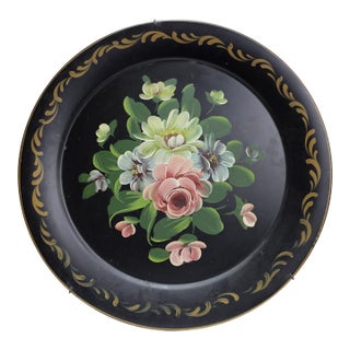 Cottagecore Hand Painted Tole Tray Round Pastel Floral Serving Toleware Grandmillennial Decor For Sale