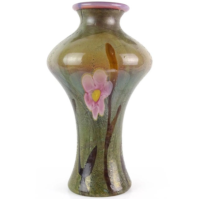 Mid-Century Modern Vintage Murano Large Pink Flowers on Green Opalescent Chalcedony Technique Italian Art Glass Decorative Vase For Sale - Image 3 of 9