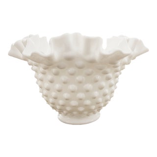 Vintage Fenton Hobnail Ruffle Milk Glass Bowl Vase For Sale