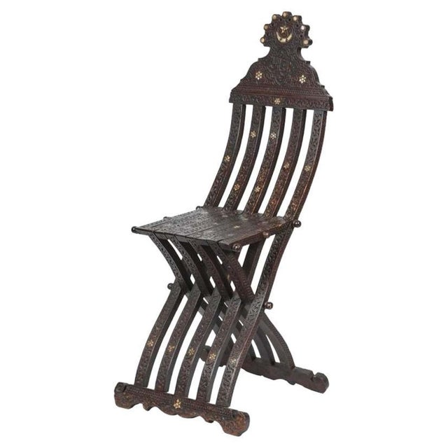 19th Century Moorish Carved Wood Folding Chair with Mother-of-Pearl Inlay For Sale - Image 15 of 15