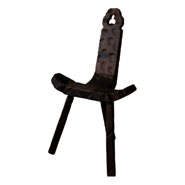 Spanish Brutalist Tripod Chair in Carved Wood, 1960s For Sale