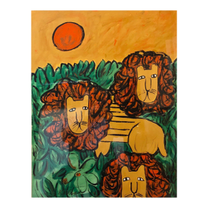 Lionel KalishOriginal Oil Painting LIONS in a Modernist Illustration Mod Naive Graphic Style, c.1960s