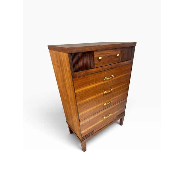 Mid-Century Modern Refinished 1960s Mid Century Modern Walnut Tallboy Dresser | Vintage Walnut Crescent Series S-2430 Highboy Chest | Fluted Louvered Accent Drawer For Sale - Image 3 of 12