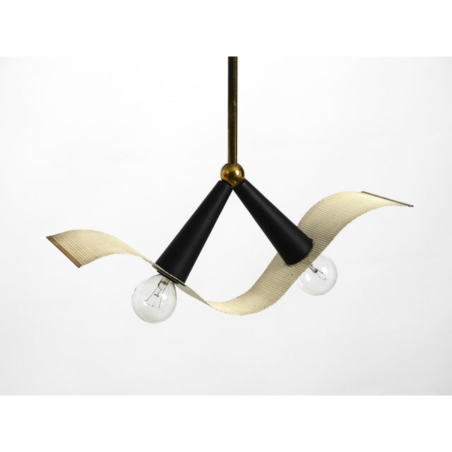 Mid-Century Brass Ceiling Cone Lamp with Curved Perforated Sheet Lampshade, 1950s For Sale - Image 14 of 18