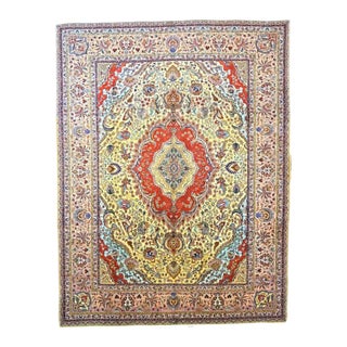 Antique Persian Tabriz Wool 9x12 Yellow, Taupe & Rose Handmade Area Rug #9902296 For Sale