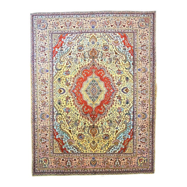 Antique Persian Tabriz Wool 9x12 Yellow, Taupe & Rose Handmade Area Rug #9902296 For Sale