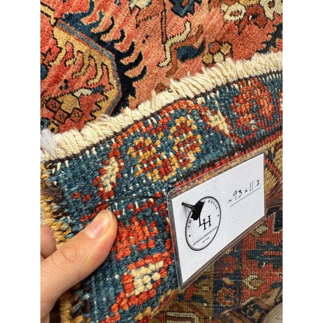 Antique Heriz Village Carpet Rare Camel Border with Coral Ground in Naive Harshang Design with Sickle Leaf Motif Rug 9.4 x 11.4 For Sale - Image 14 of 16