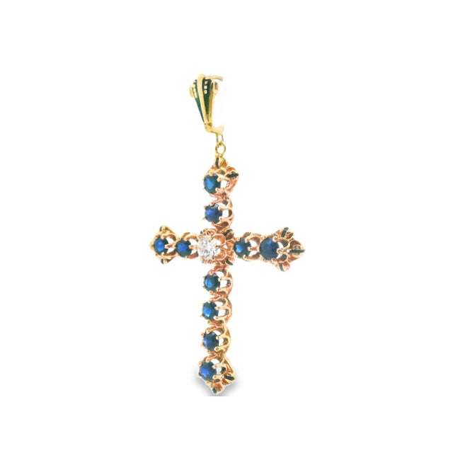 1980s 14k Yellow Gold Sapphire & Diamond Cross Pendant For Sale - Image 4 of 8